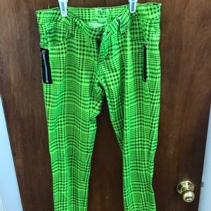 Neon green and plaid jeans